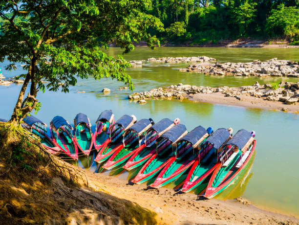 Tourist boats moored on Usumacinta river for Yaxchilan archaeological site, Chiapas, Mexico-Guatemala border